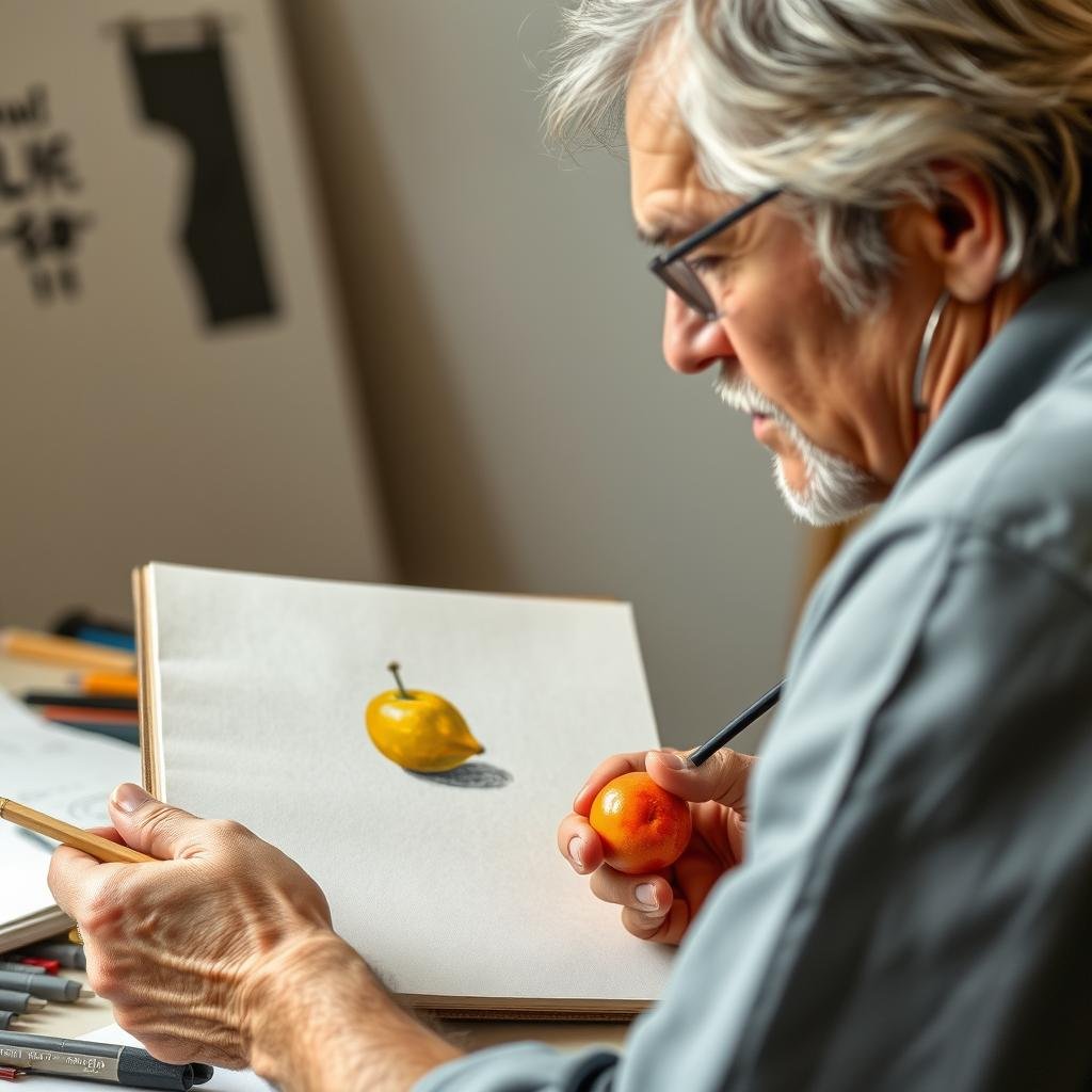 Artist carefully observing and sketching an object