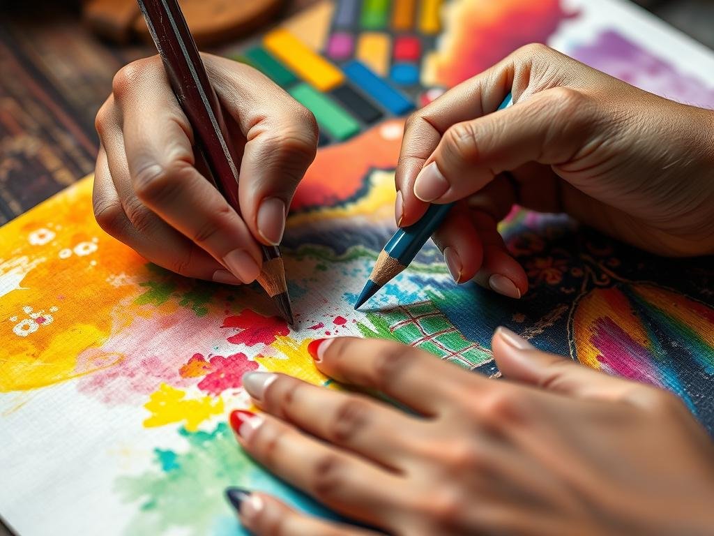 Artist creating vibrant artwork with pastel pencils showing color blending
