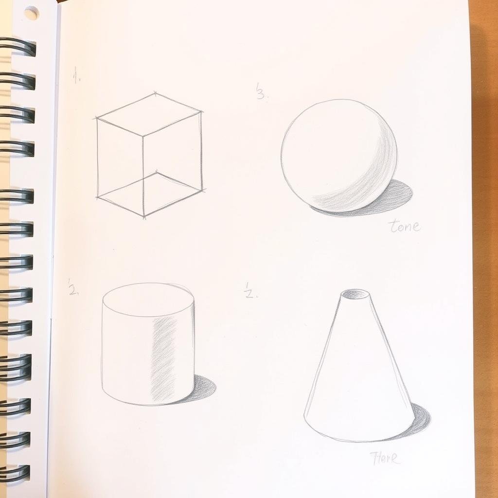 Basic 3D shapes sketched and shaded with pencil