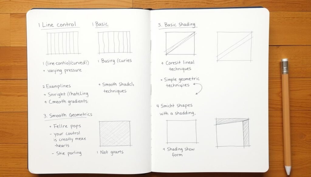 Basic pencil sketching exercises showing line control, shading, and simple shapes