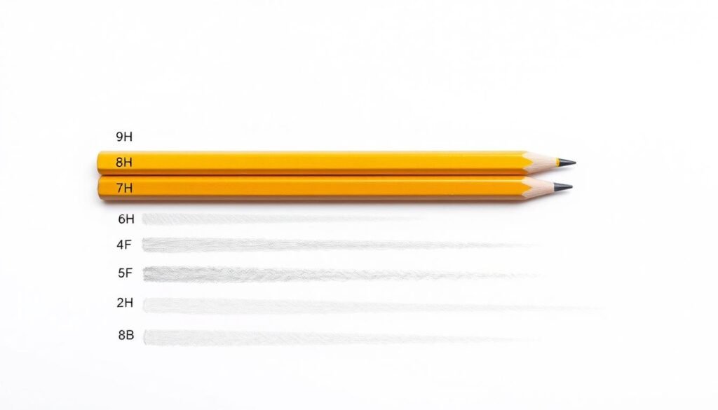 Comparison of marks made by different pencil grades from 9H to 9B