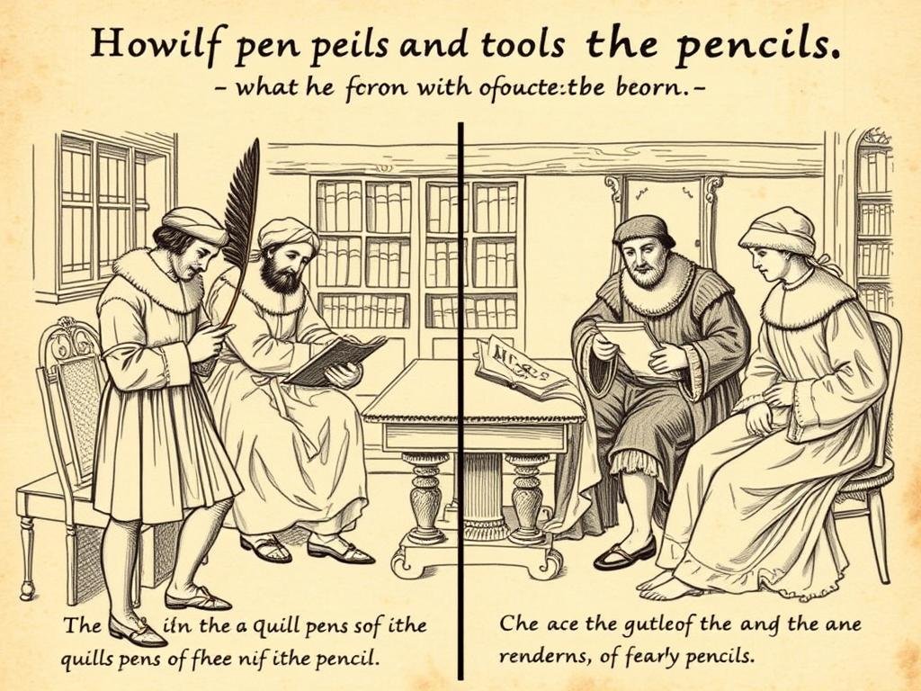 Historical illustration showing the transition from quill pens to early pencils