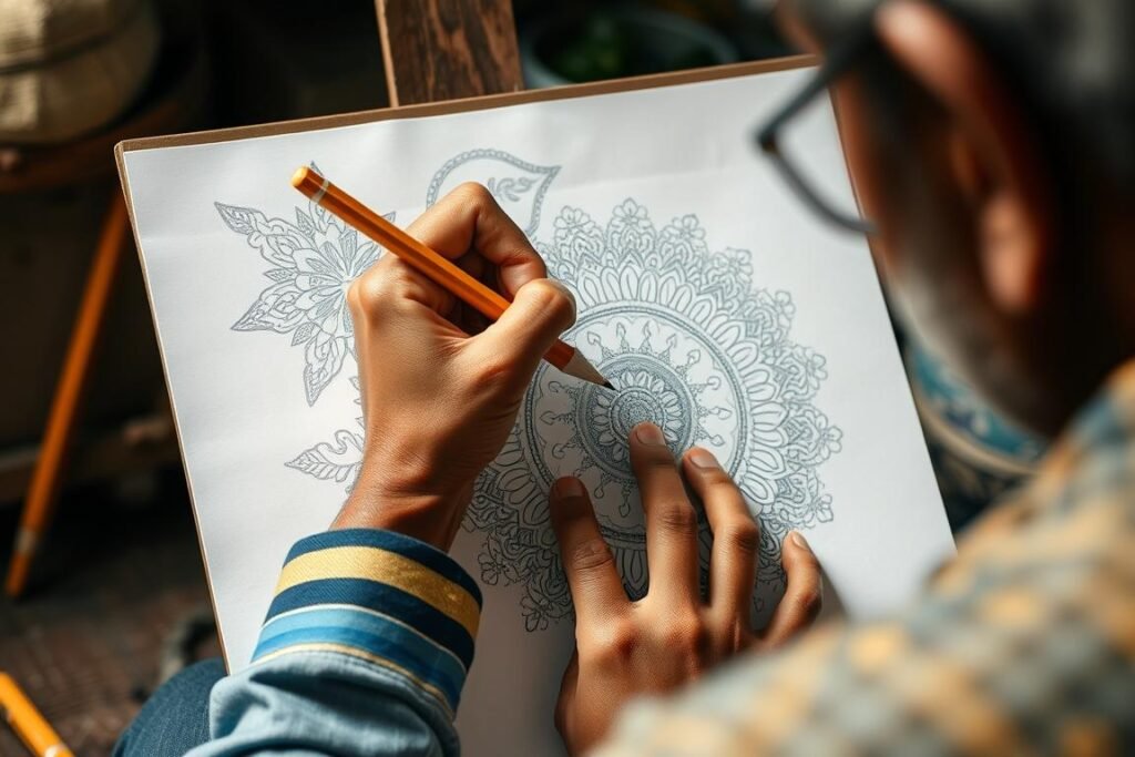 Indian artist creating detailed pencil artwork showing traditional motifs