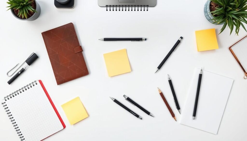 Modern office desk setup with mechanical pencils and complementary stationery items
