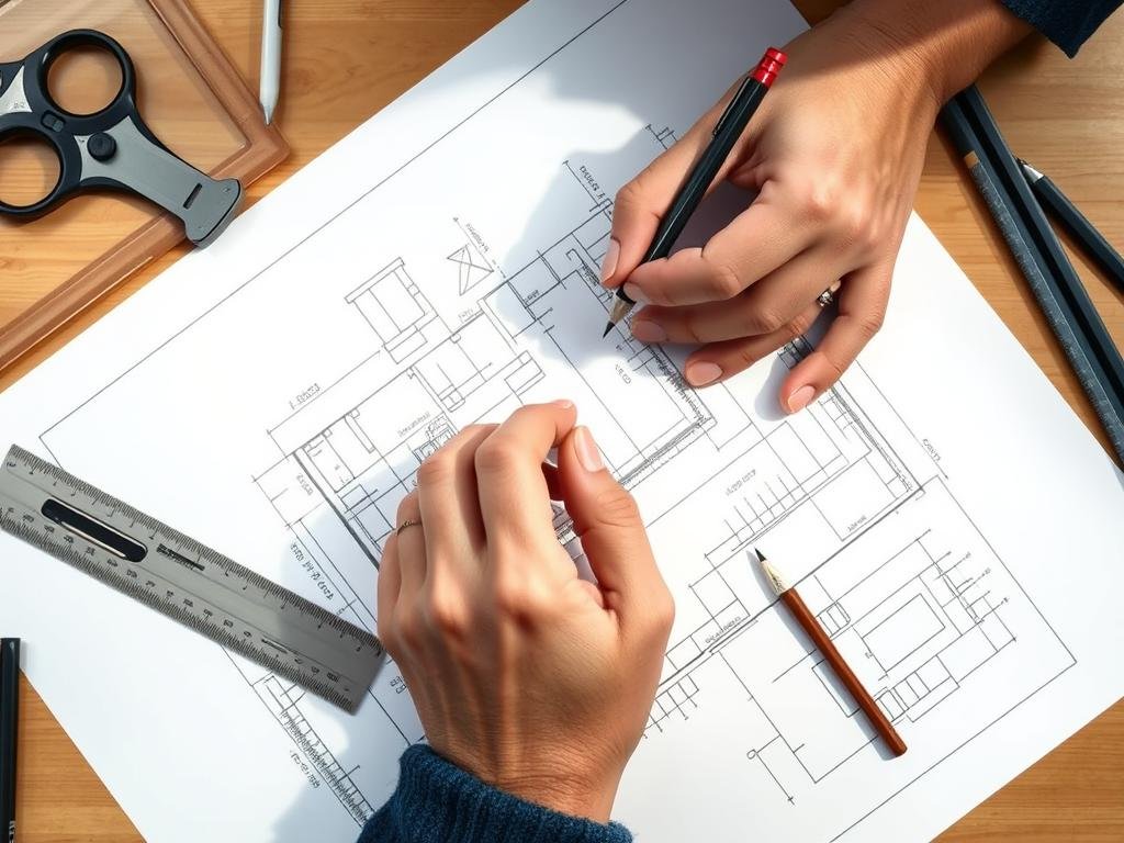 Person using a mechanical pencil for precise technical drawing with ruler