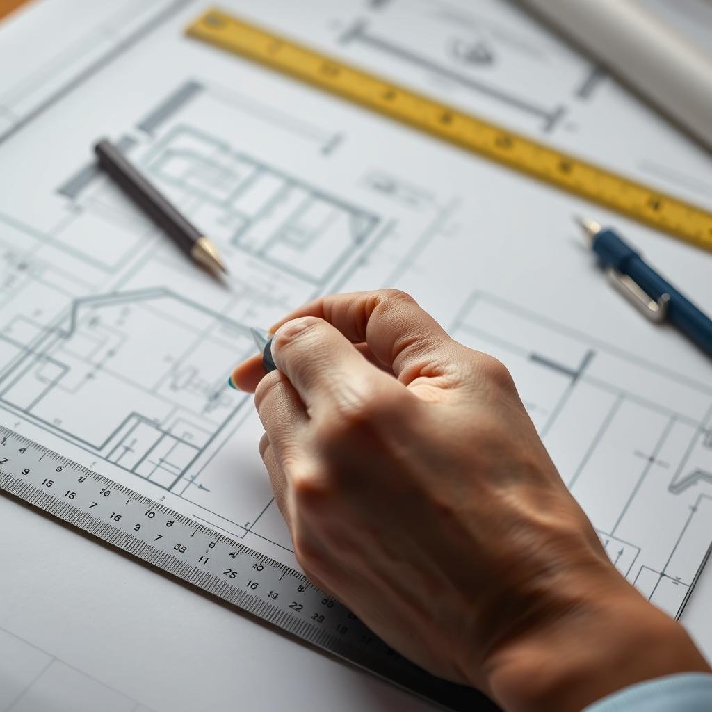 Professional using mechanical pencil for precise technical drawing and annotation
