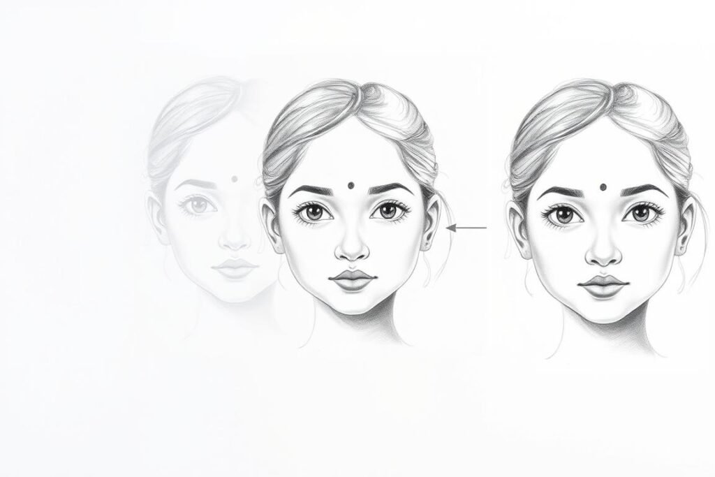 Progressive stages of a pencil sketch of a girl's face