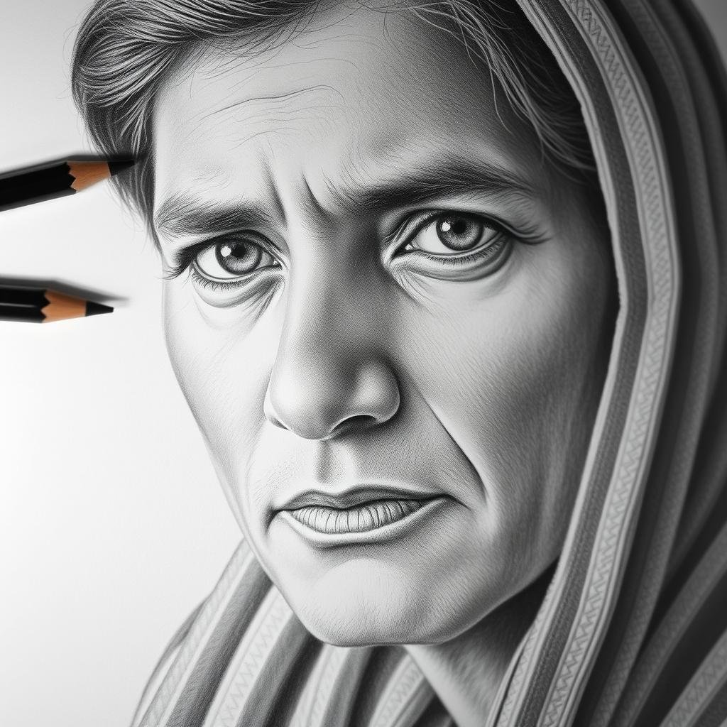 Realistic pencil portrait drawing showing detailed shading techniques