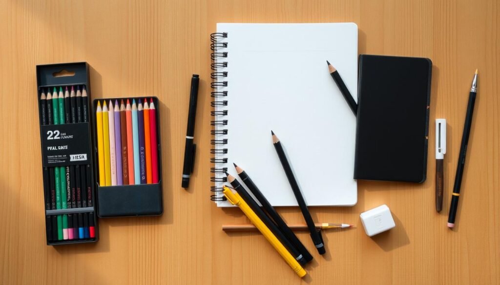 Starter set of pastel pencils and traditional pencils with basic supplies for beginners