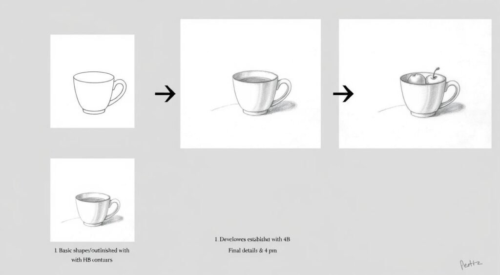 Step-by-step progression of a simple still life sketch