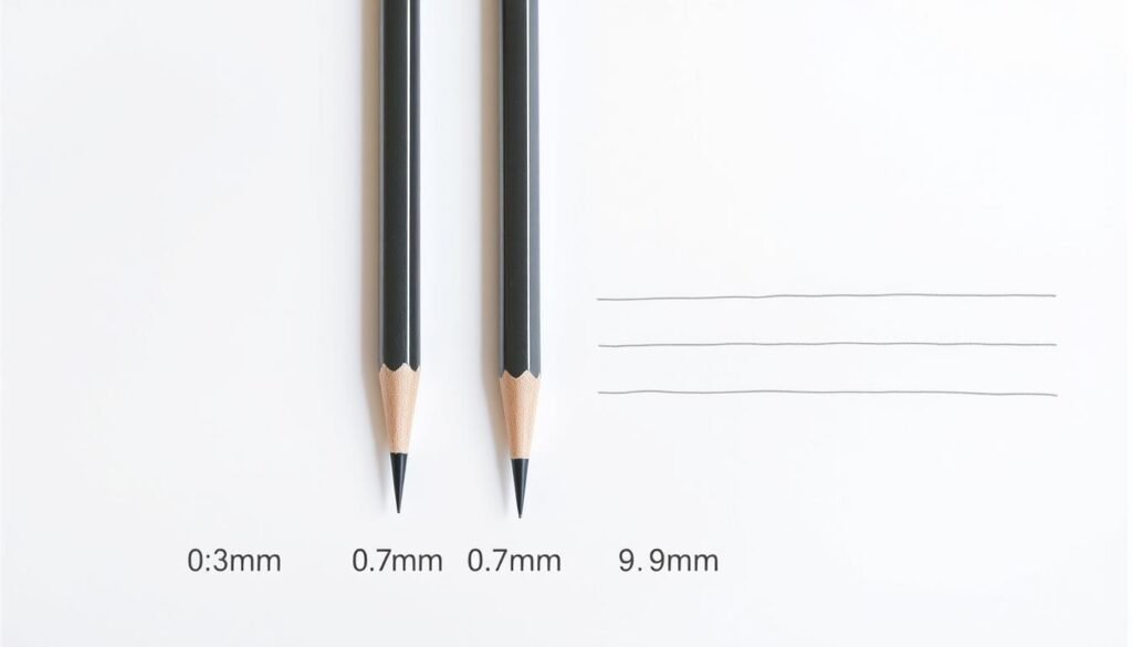 Various mechanical pencil lead sizes compared side by side showing different line thicknesses