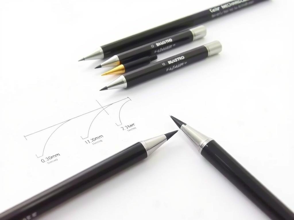 Various mechanical pencils with different lead sizes displayed with sample drawings