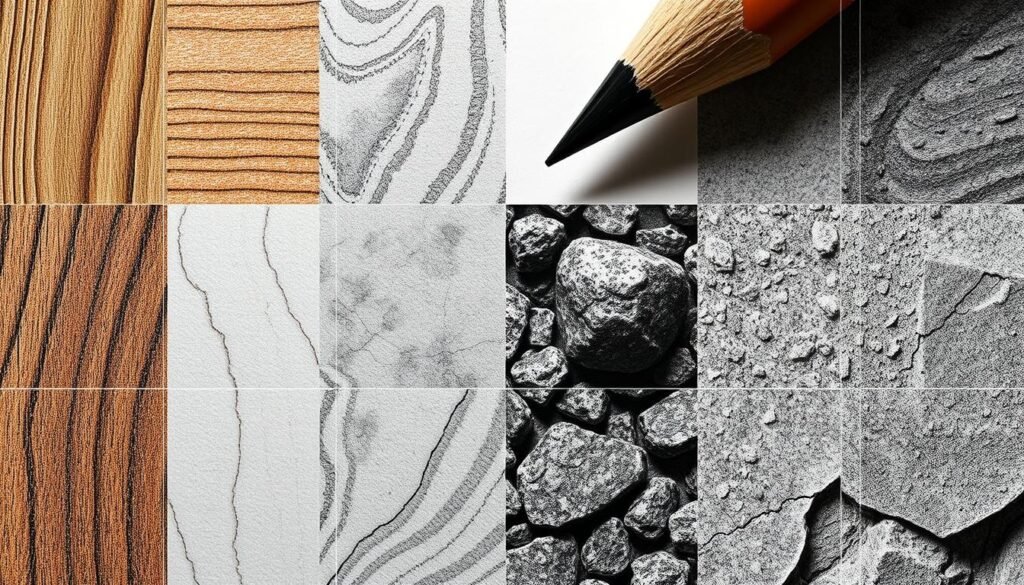 Various texture techniques created with different pencil types on drawing paper