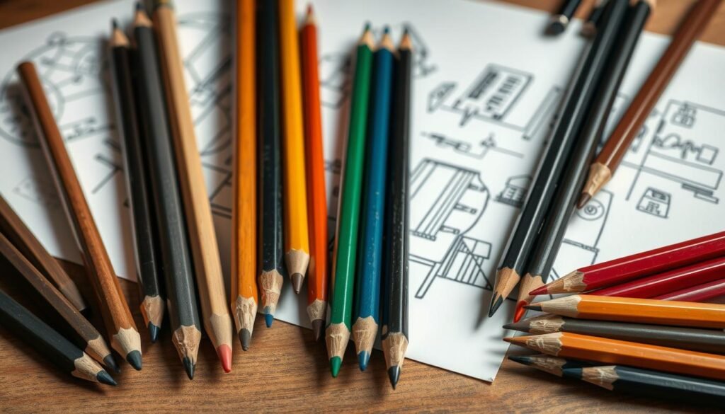 Various types of artist pencils arranged on a wooden surface with sketches in the background