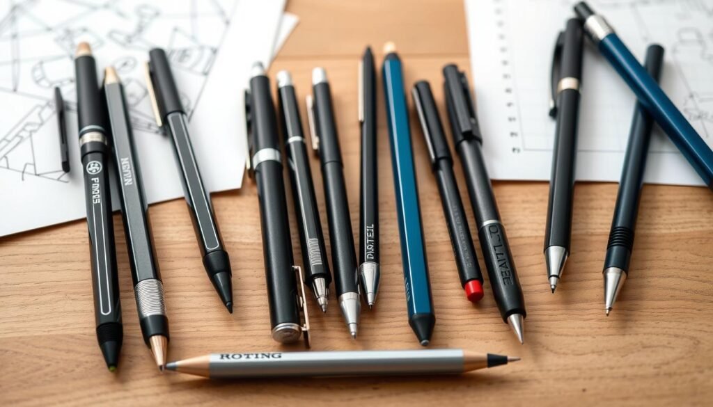 Various types of mechanical pencils arranged on a wooden desk with paper and sketches