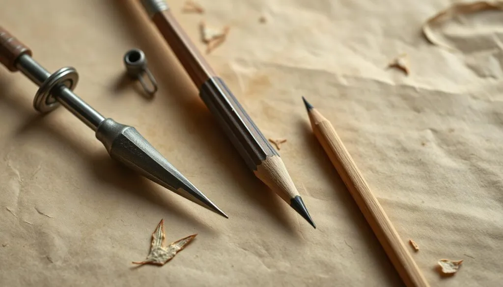 Ancient writing tools including stylus, quill, and early pencil forms