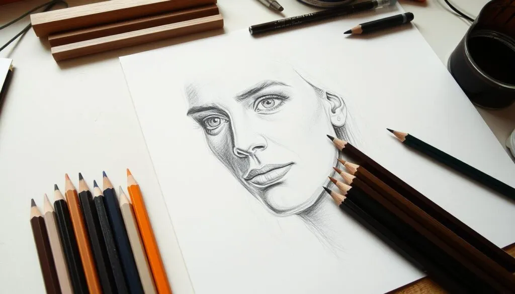 Artist using different pencil grades to create a realistic portrait drawing