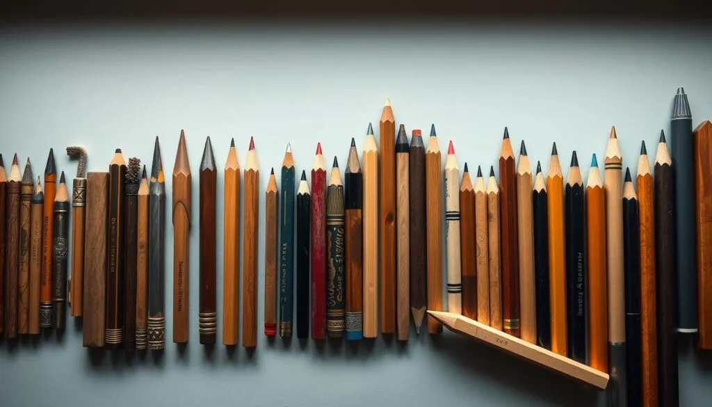 Artistic arrangement of historical and modern pencils showing the evolution of the pencil through time
