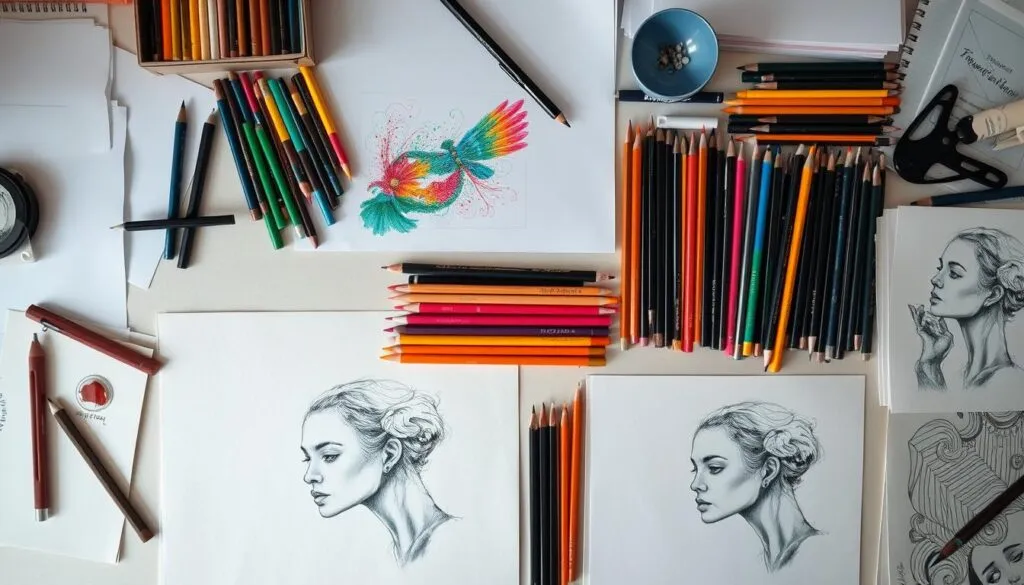 Artist's workspace with both pastel pencils and traditional pencils organized for different projects