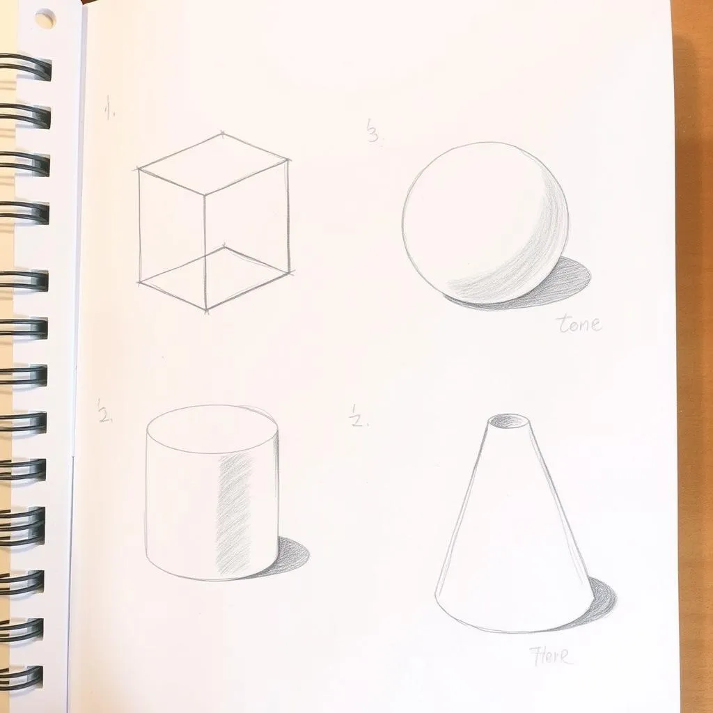 Basic 3D shapes sketched and shaded with pencil