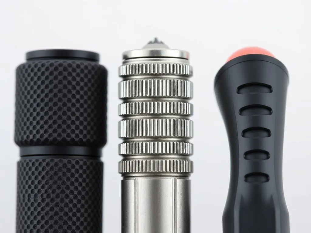Close-up of different mechanical pencil grip types including rubber, knurled metal, and ergonomic designs