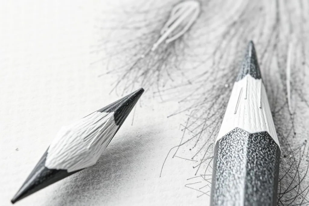 Close-up of graphite pencil drawings showing fine detail work