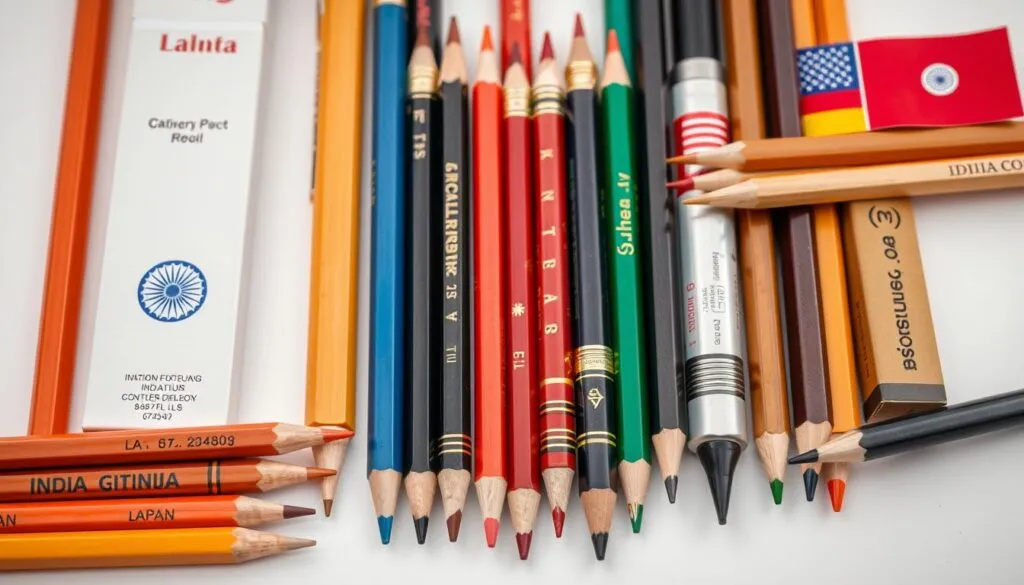Collection of pencils from different countries showing cultural variations in design