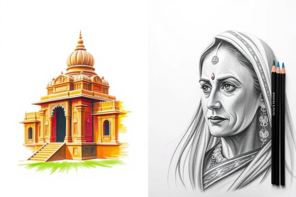 Comparison of artwork created with pastel pencils and traditional pencils showing different styles