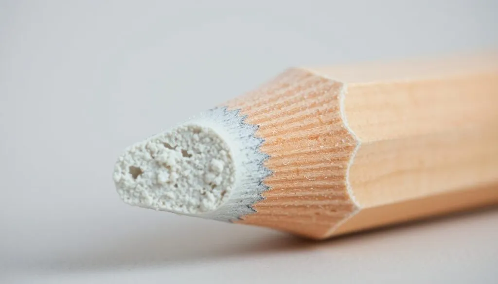 Cross-section of a pastel pencil showing the chalky core and wooden casing