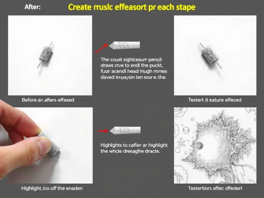 Demonstration of different eraser techniques creating various effects in pencil drawings