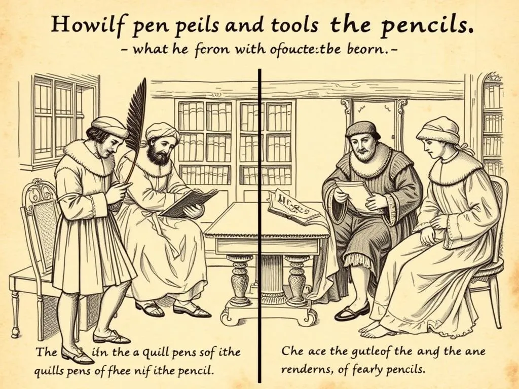 Historical illustration showing the transition from quill pens to early pencils