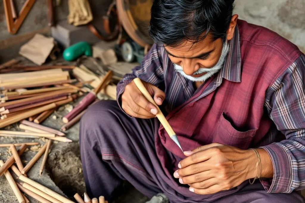 Indian craftsman creating handmade artisanal pencils using traditional techniques
