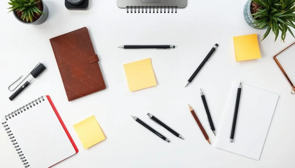 Modern office desk setup with mechanical pencils and complementary stationery items