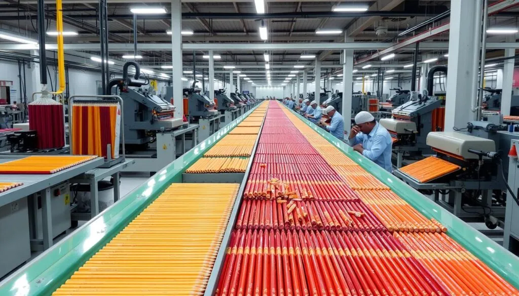 Modern pencil manufacturing facility in India showing production lines