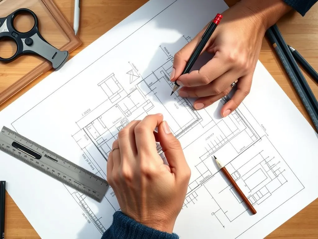Person using a mechanical pencil for precise technical drawing with ruler
