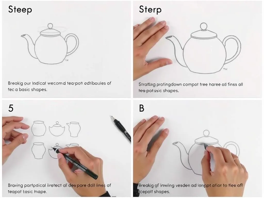 Step-by-step demonstration of breaking down a complex object into basic shapes for drawing