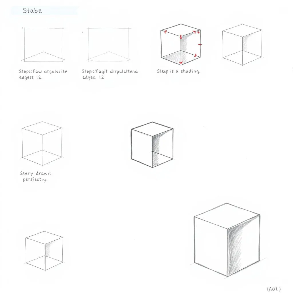 Step-by-step drawing of a cube showing perspective and shading