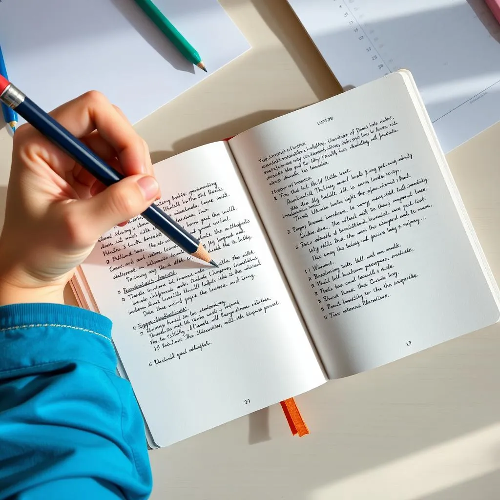 Student using mechanical pencil for efficient note-taking with color-coding system