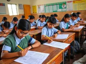 Students using pencils for standardized testing in an Indian classroom