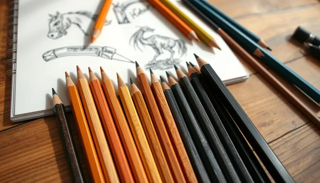 Various drawing pencils arranged on a wooden surface with a sketchbook showing pencil drawings