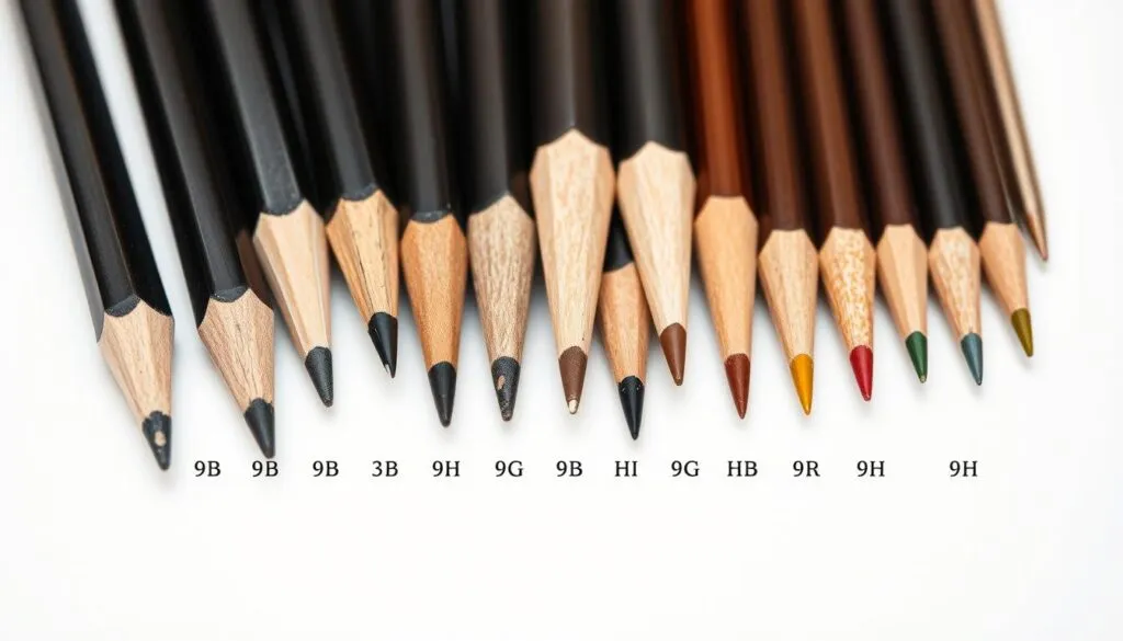 Various grades of graphite pencils arranged to show the spectrum from 9B to 9H