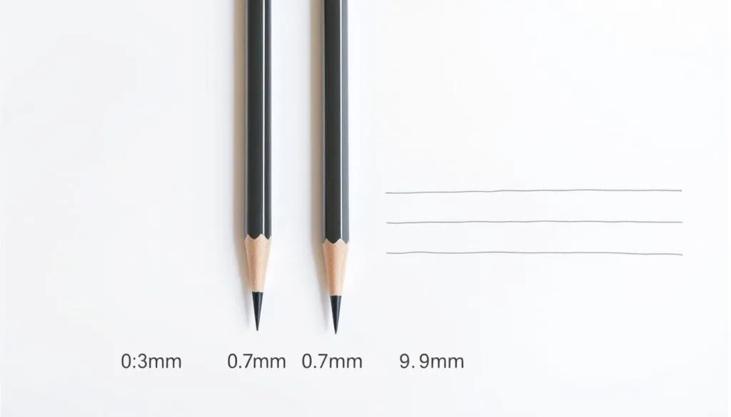 Various mechanical pencil lead sizes compared side by side showing different line thicknesses
