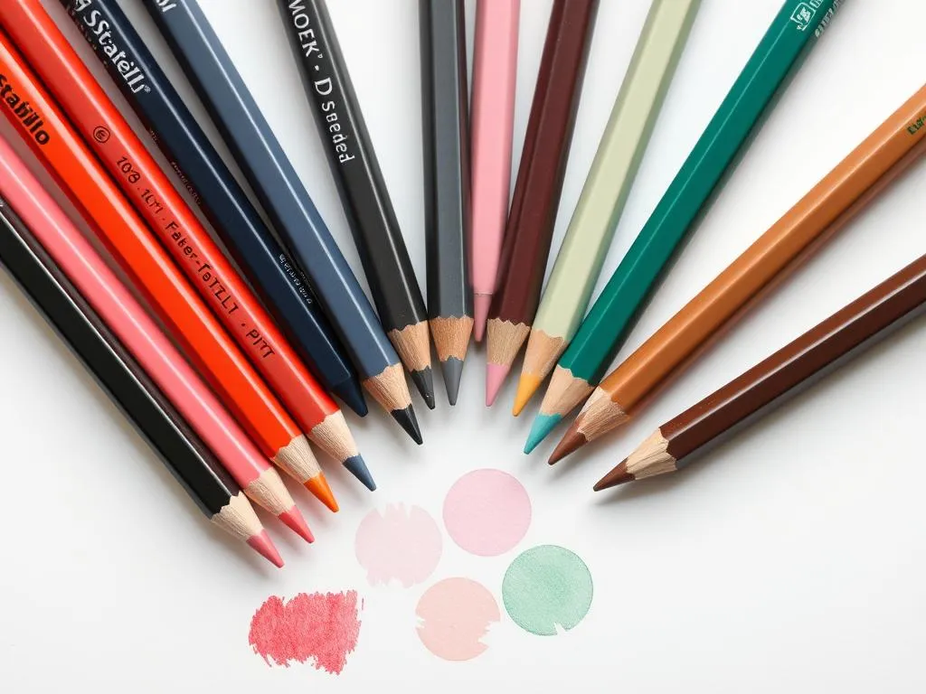 Various pastel pencils displayed with color samples showing their vibrant pigmentation