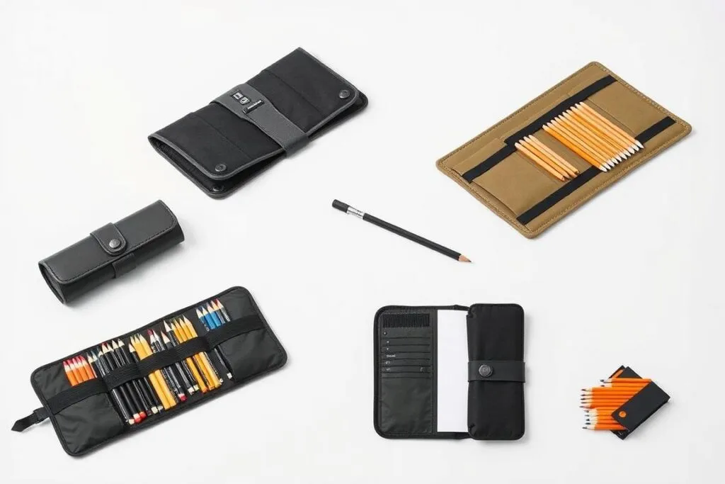 Various pencil cases and rolls designed for storing drawing pencils