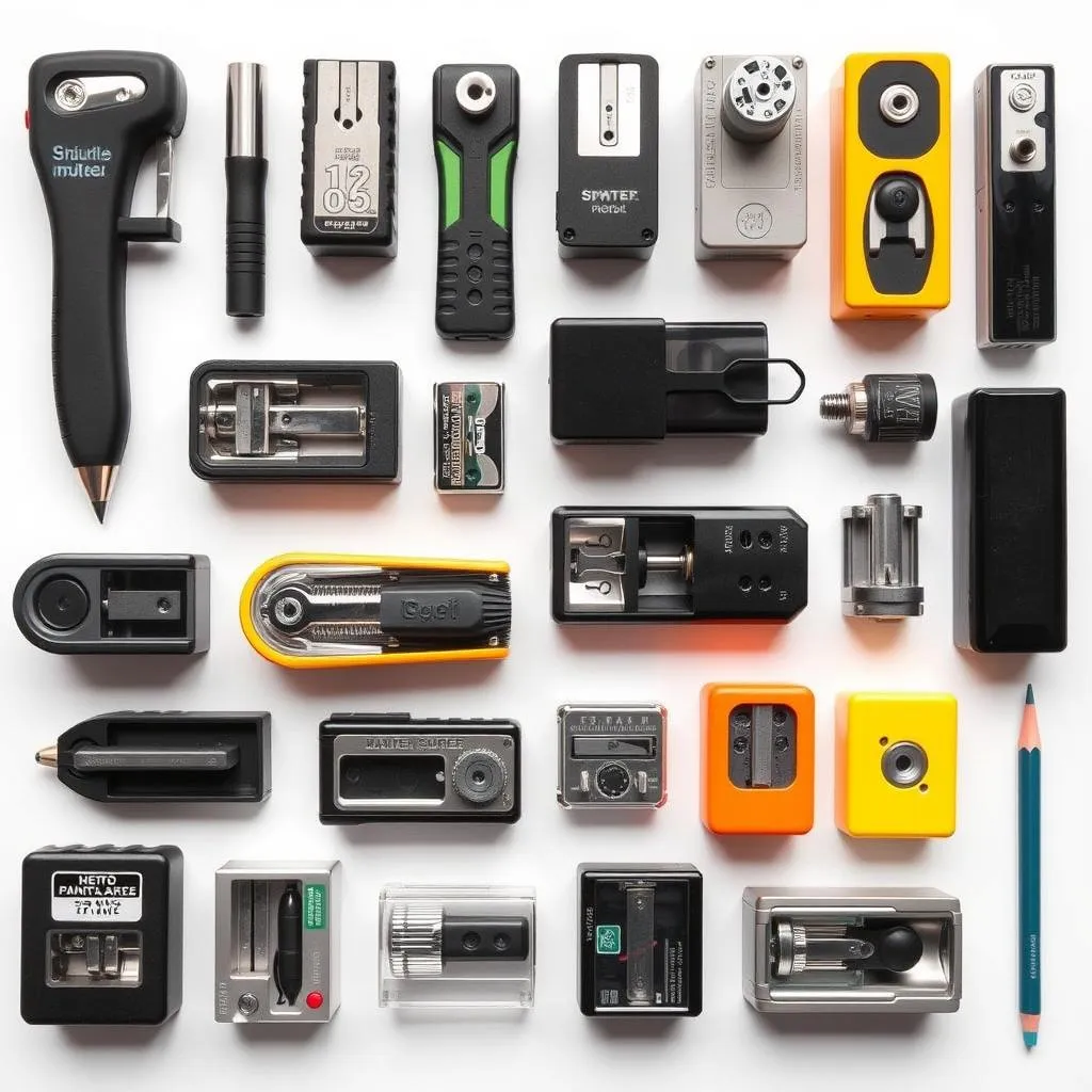 Various pencil sharpeners including handheld and desktop models