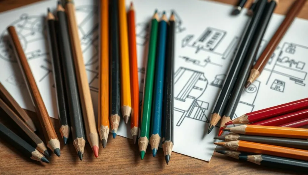 Various types of artist pencils arranged on a wooden surface with sketches in the background