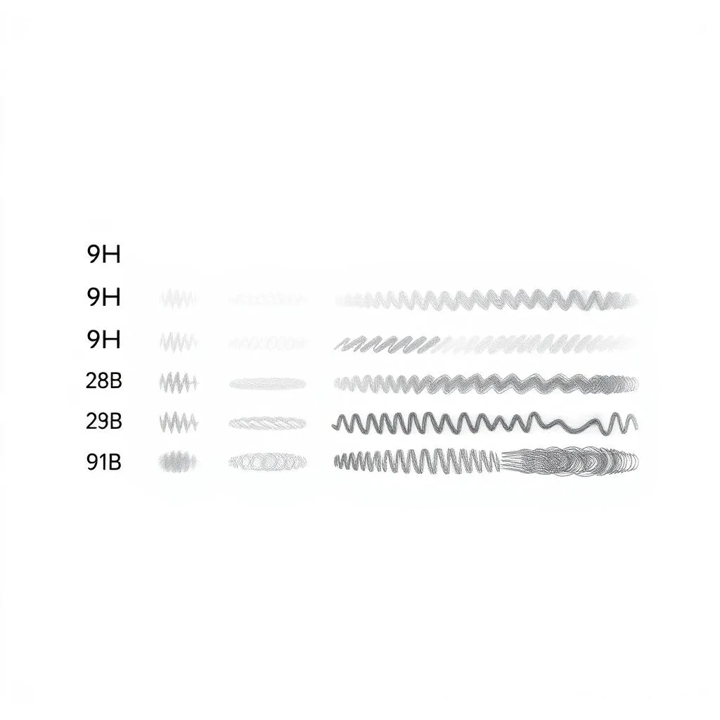 Visual representation of the pencil hardness scale from 9H to 9B