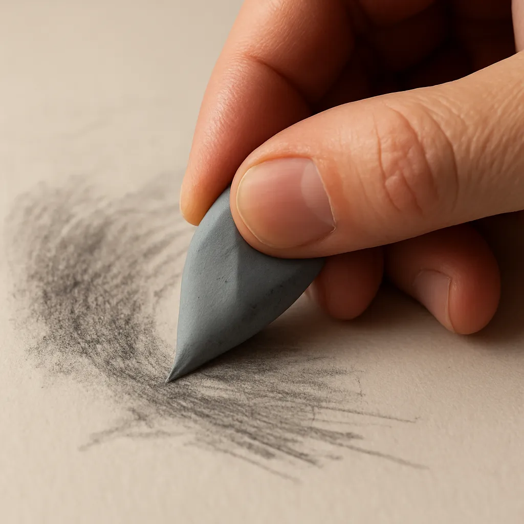 A close-up of a hand shaping a kneaded eraser and lifting graphite from drawing paper, showing the eraser's use in a drawing technique.