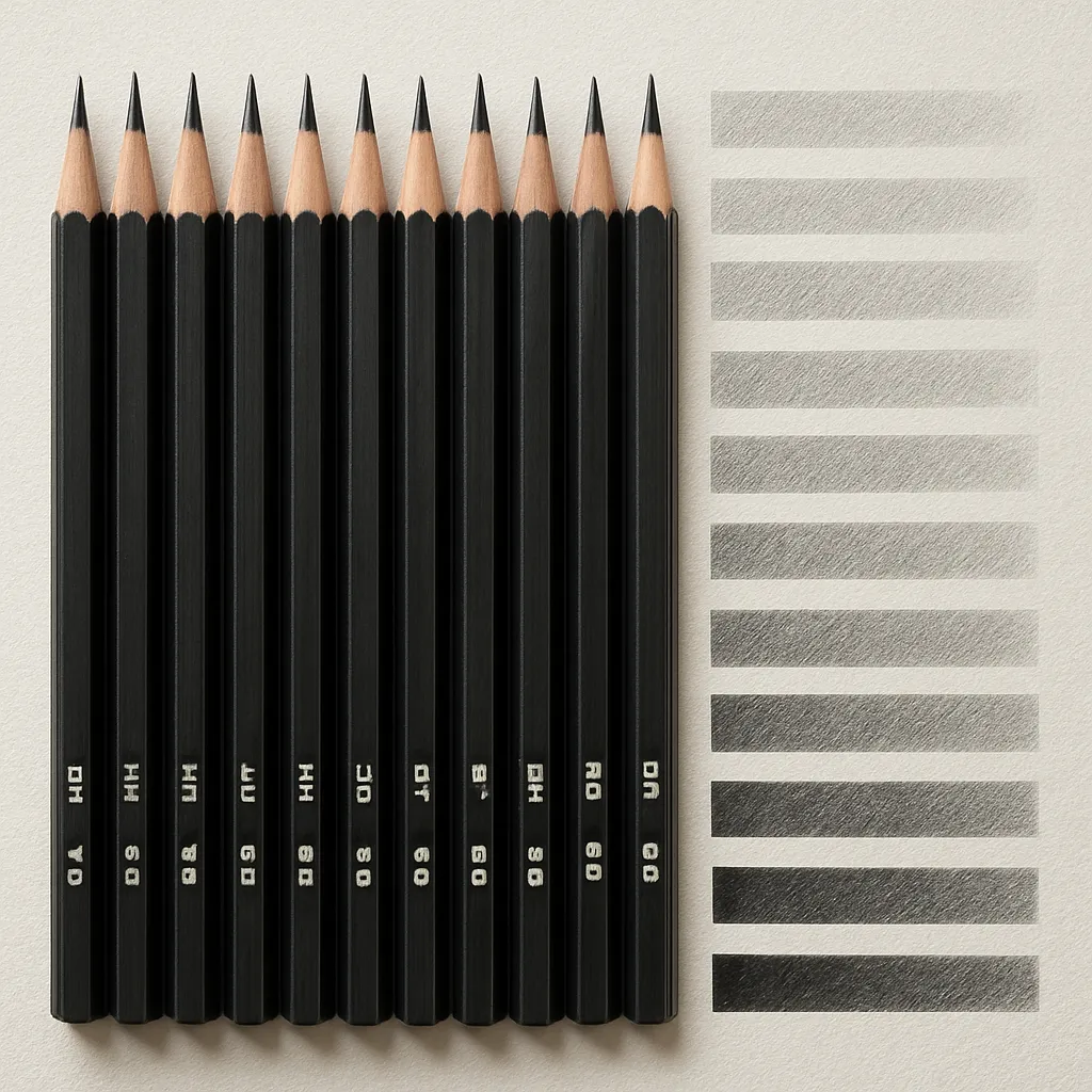 Diagram of a pencil hardness chart from 9H to 9B, showing line samples and shading for each grade.