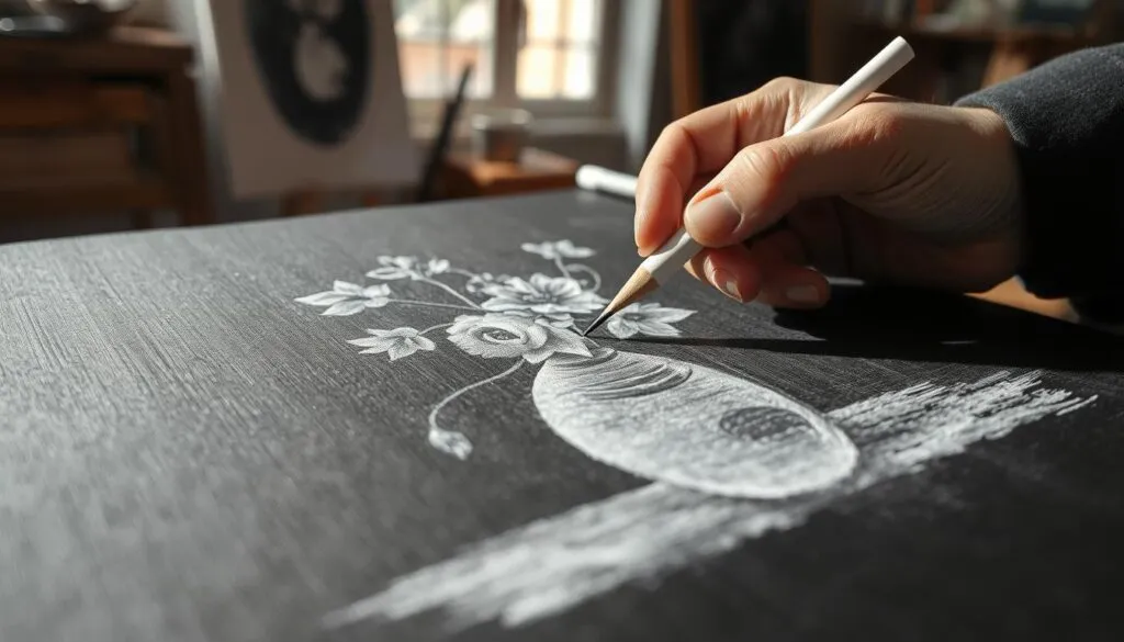 white charcoal pencil drawing